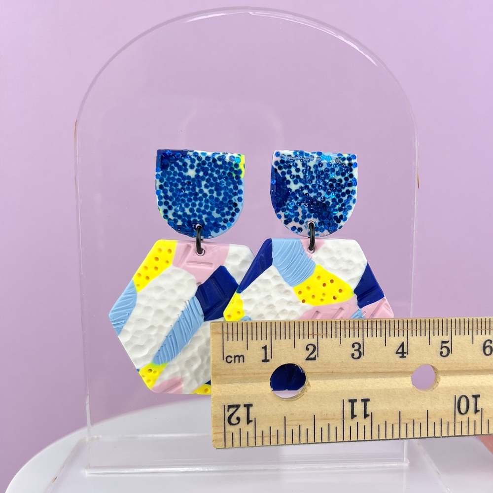 Abstract Textured Design Glitter Hexagon Dangle Handmade Clay Earrings - Picture 10 of 11